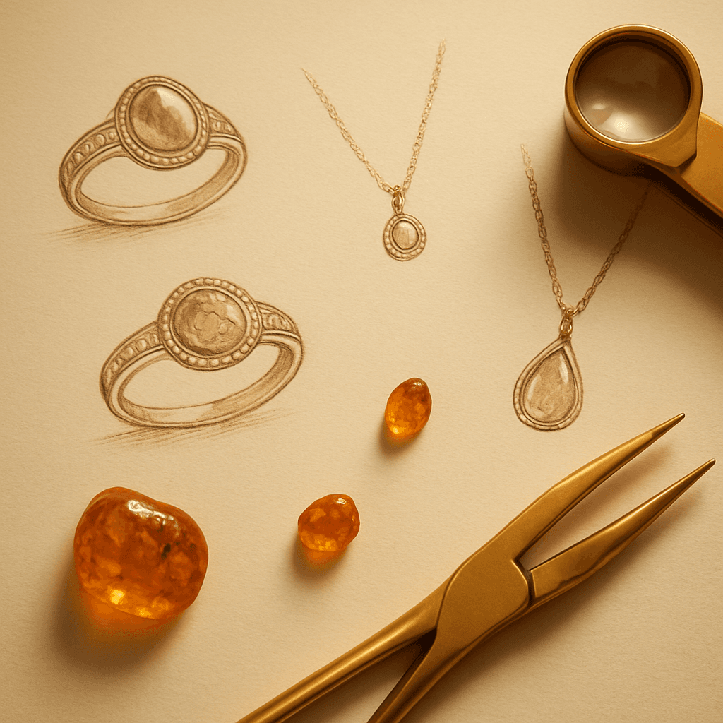 Bocetos de diseño de joyería junto a herramientas de oro